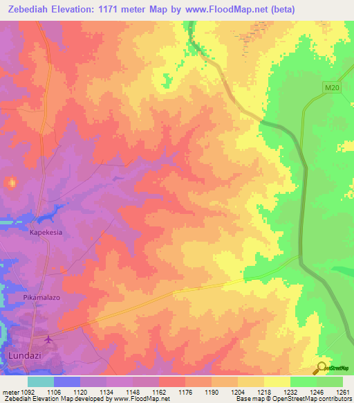 Zebediah,Zambia Elevation Map