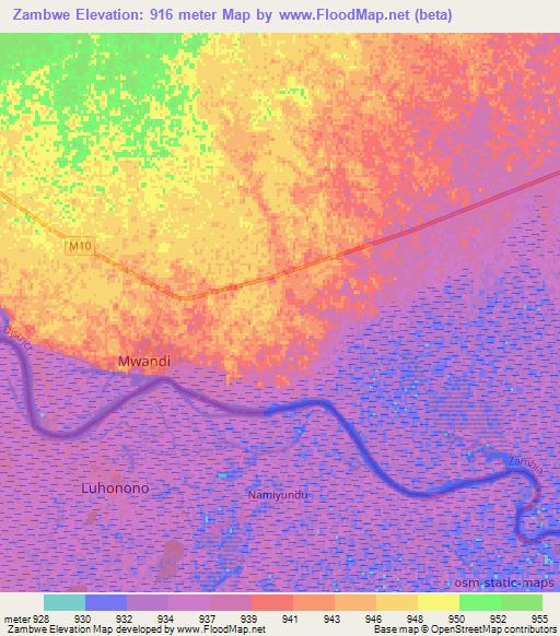 Zambwe,Zambia Elevation Map