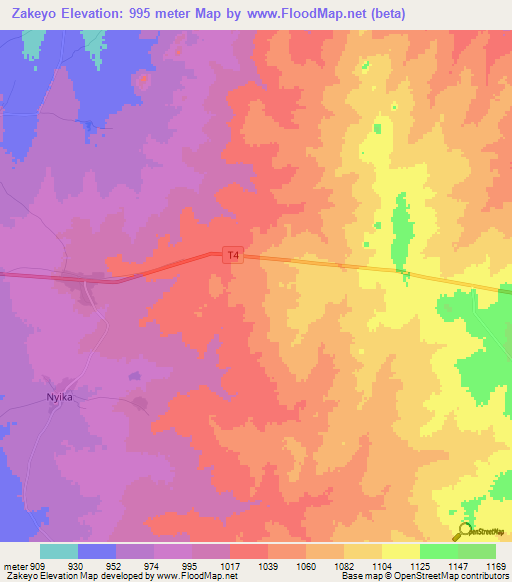 Zakeyo,Zambia Elevation Map