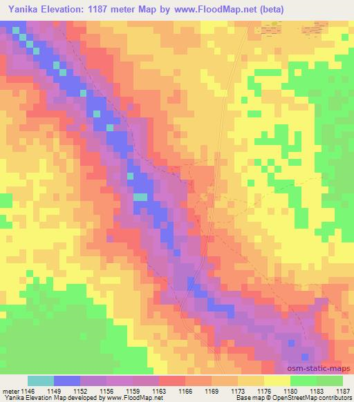 Yanika,Zambia Elevation Map