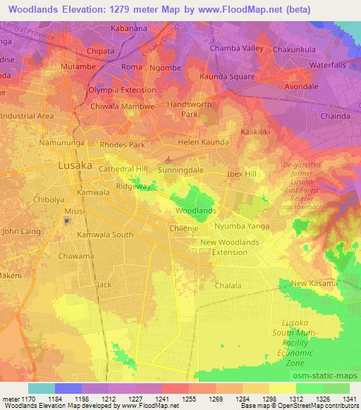 Woodlands,Zambia Elevation Map