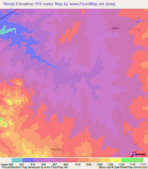 Wonje,Zambia Elevation Map