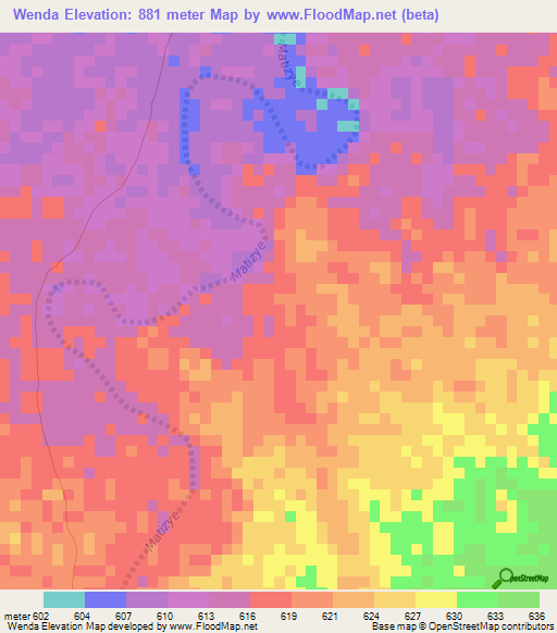 Wenda,Zambia Elevation Map