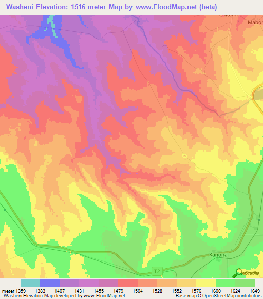 Washeni,Zambia Elevation Map