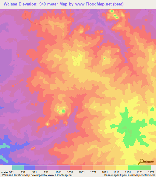 Walasa,Zambia Elevation Map