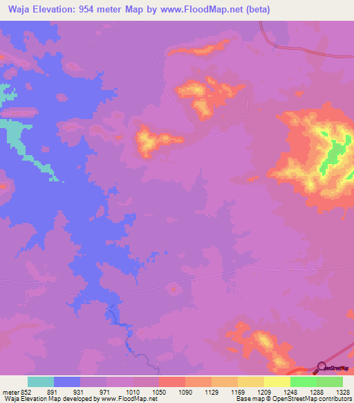 Waja,Zambia Elevation Map