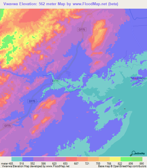 Vwavwa,Zambia Elevation Map