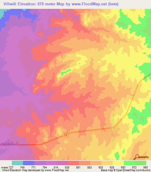 Viliwili,Zambia Elevation Map