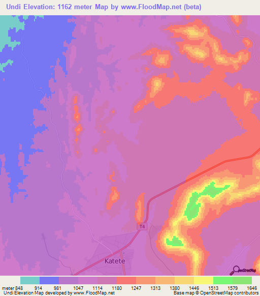 Undi,Zambia Elevation Map