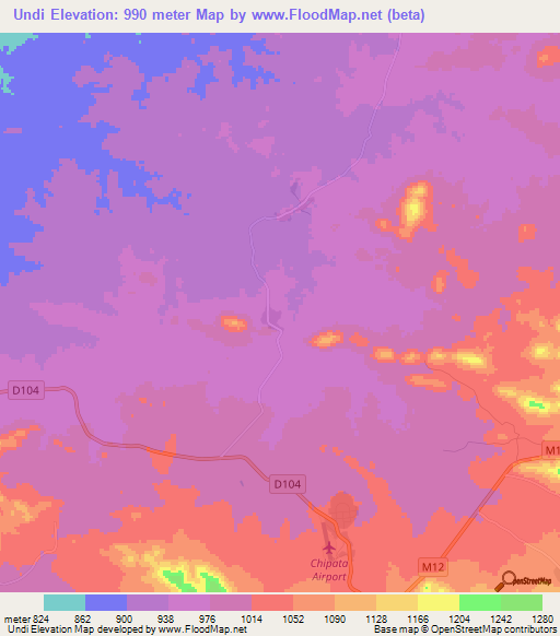 Undi,Zambia Elevation Map