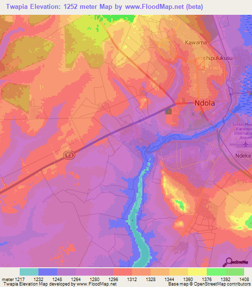 Twapia,Zambia Elevation Map