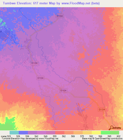 Tumbwe,Zambia Elevation Map