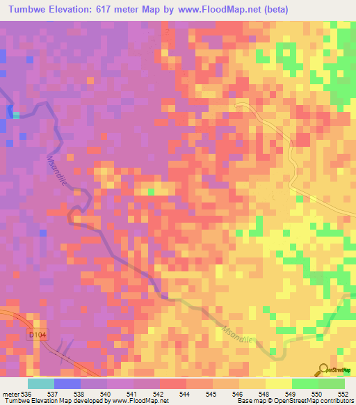 Tumbwe,Zambia Elevation Map