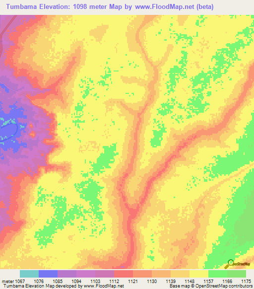 Tumbama,Zambia Elevation Map