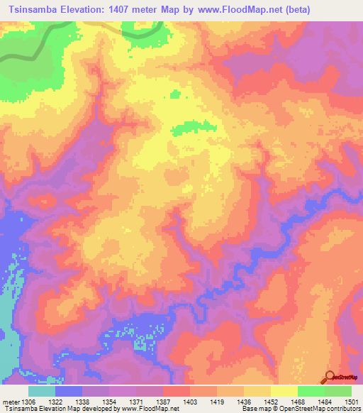 Tsinsamba,Zambia Elevation Map