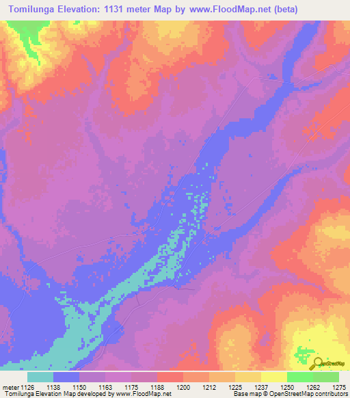 Tomilunga,Zambia Elevation Map