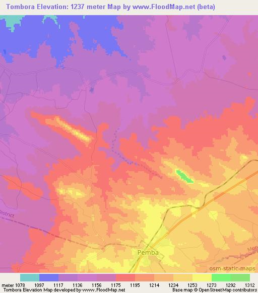 Tombora,Zambia Elevation Map