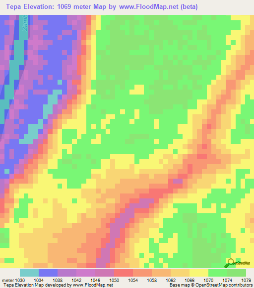 Tepa,Zambia Elevation Map