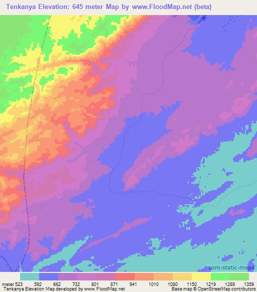 Tenkanya,Zambia Elevation Map