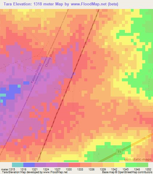 Tara,Zambia Elevation Map