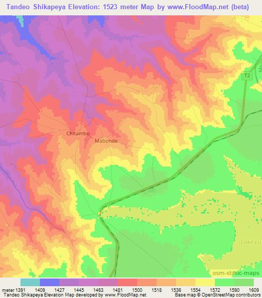 Tandeo Shikapeya,Zambia Elevation Map