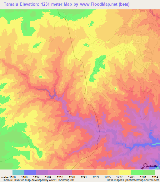 Tamalu,Zambia Elevation Map