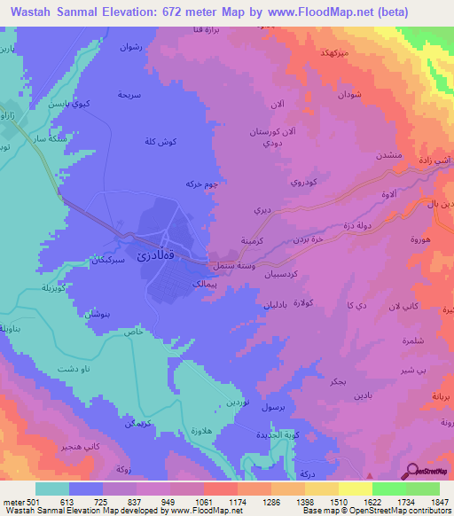 Wastah Sanmal,Iraq Elevation Map