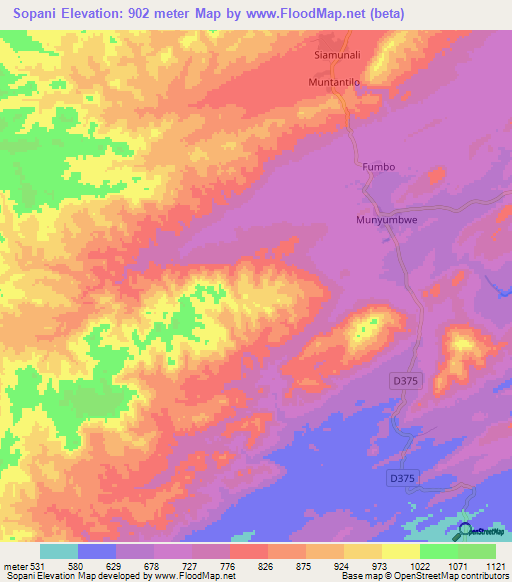 Sopani,Zambia Elevation Map