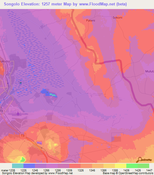 Songolo,Zambia Elevation Map