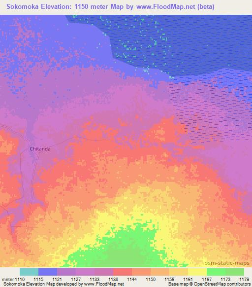 Sokomoka,Zambia Elevation Map