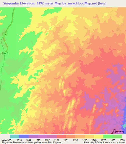 Singomba,Zambia Elevation Map