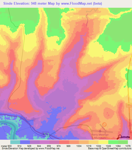 Sinde,Zambia Elevation Map