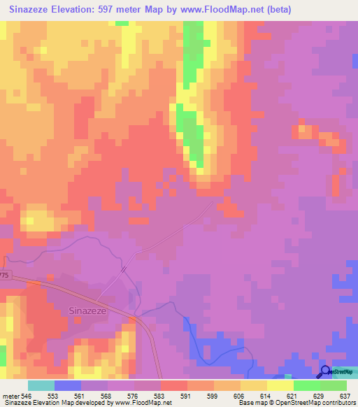 Sinazeze,Zambia Elevation Map