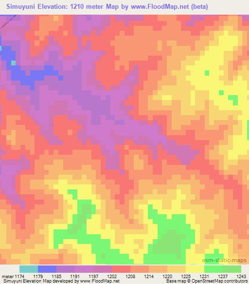 Simuyuni,Zambia Elevation Map