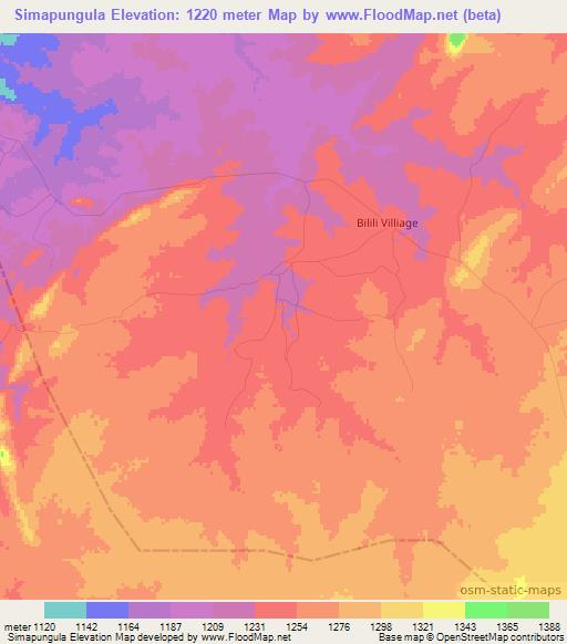 Simapungula,Zambia Elevation Map