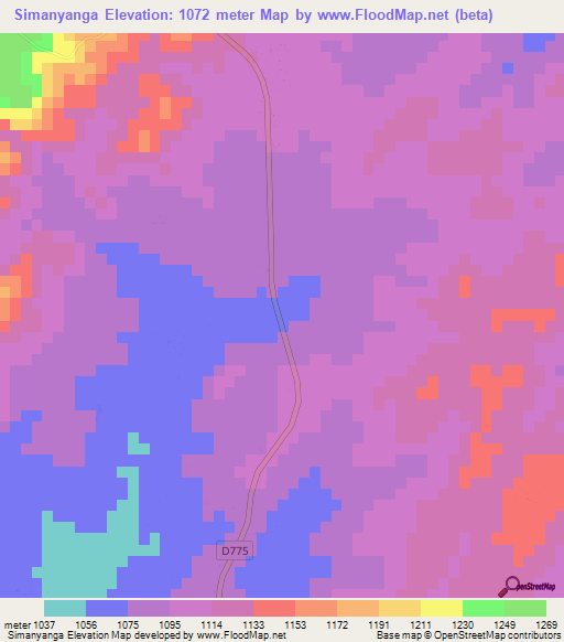 Simanyanga,Zambia Elevation Map