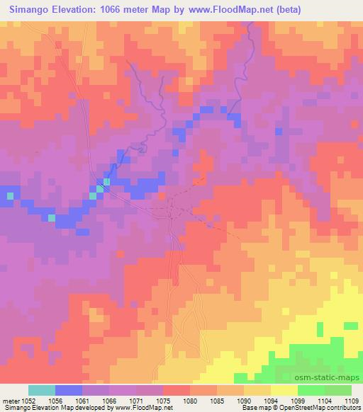 Simango,Zambia Elevation Map