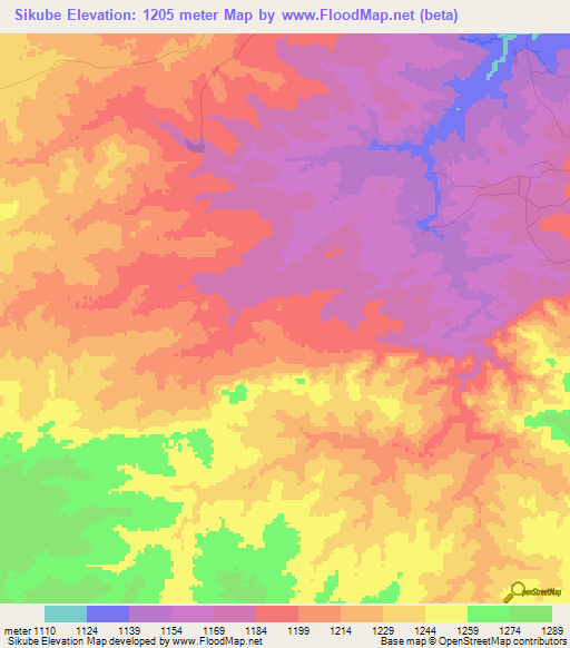 Sikube,Zambia Elevation Map