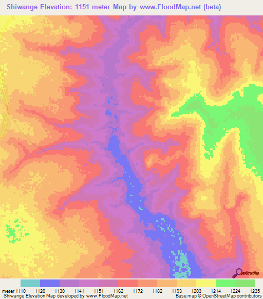 Shiwange,Zambia Elevation Map