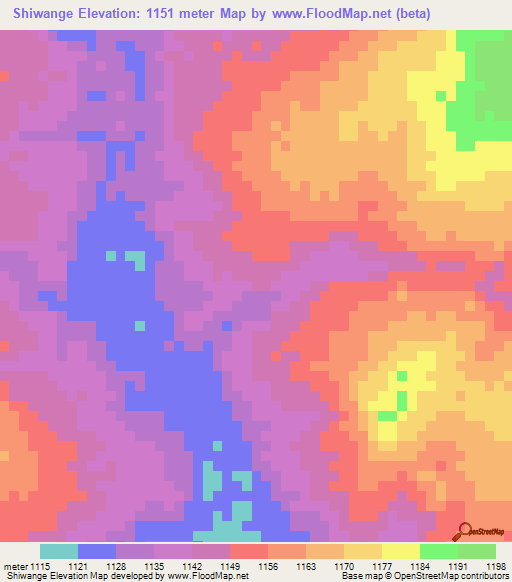 Shiwange,Zambia Elevation Map