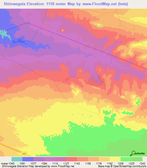 Shimwegela,Zambia Elevation Map