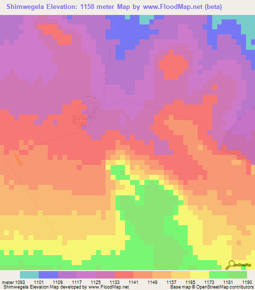 Shimwegela,Zambia Elevation Map