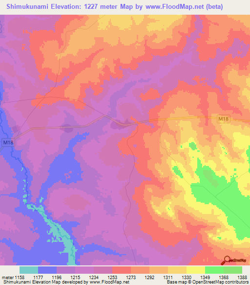 Shimukunami,Zambia Elevation Map