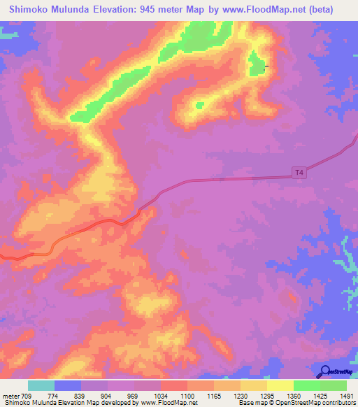 Shimoko Mulunda,Zambia Elevation Map