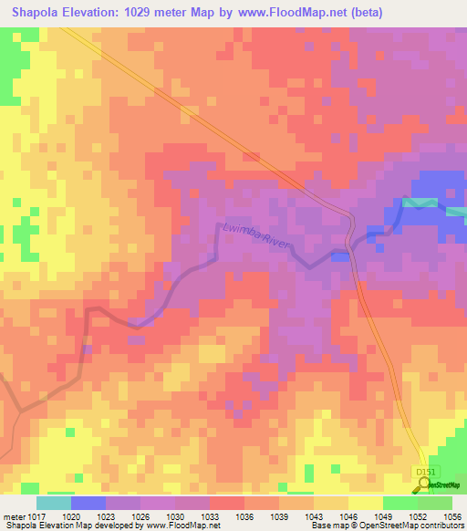 Shapola,Zambia Elevation Map