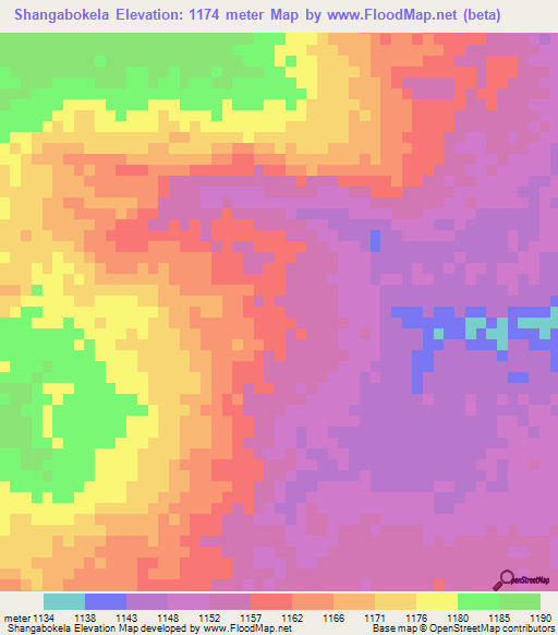 Shangabokela,Zambia Elevation Map