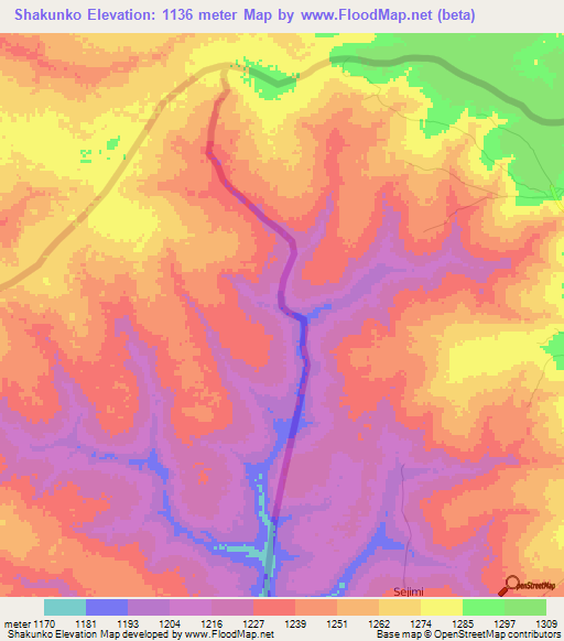 Shakunko,Zambia Elevation Map