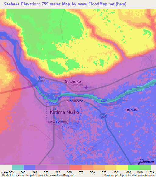 Sesheke,Zambia Elevation Map