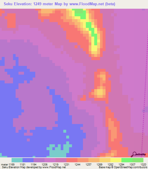 Seku,Zambia Elevation Map