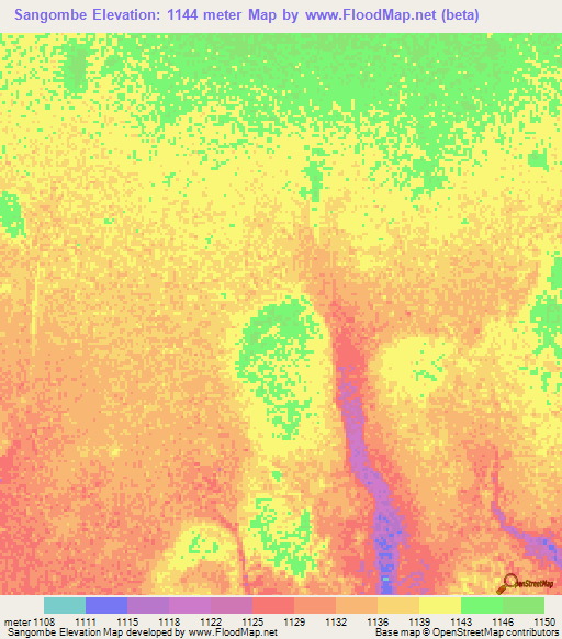 Sangombe,Zambia Elevation Map